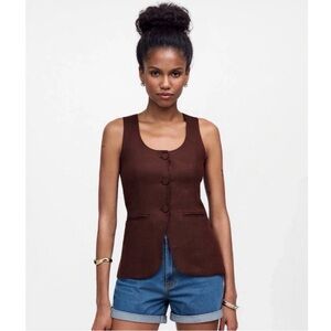 Madewell Brown 100% Linen Scoop Neck Button Up Cutaway Vest 6 NWT